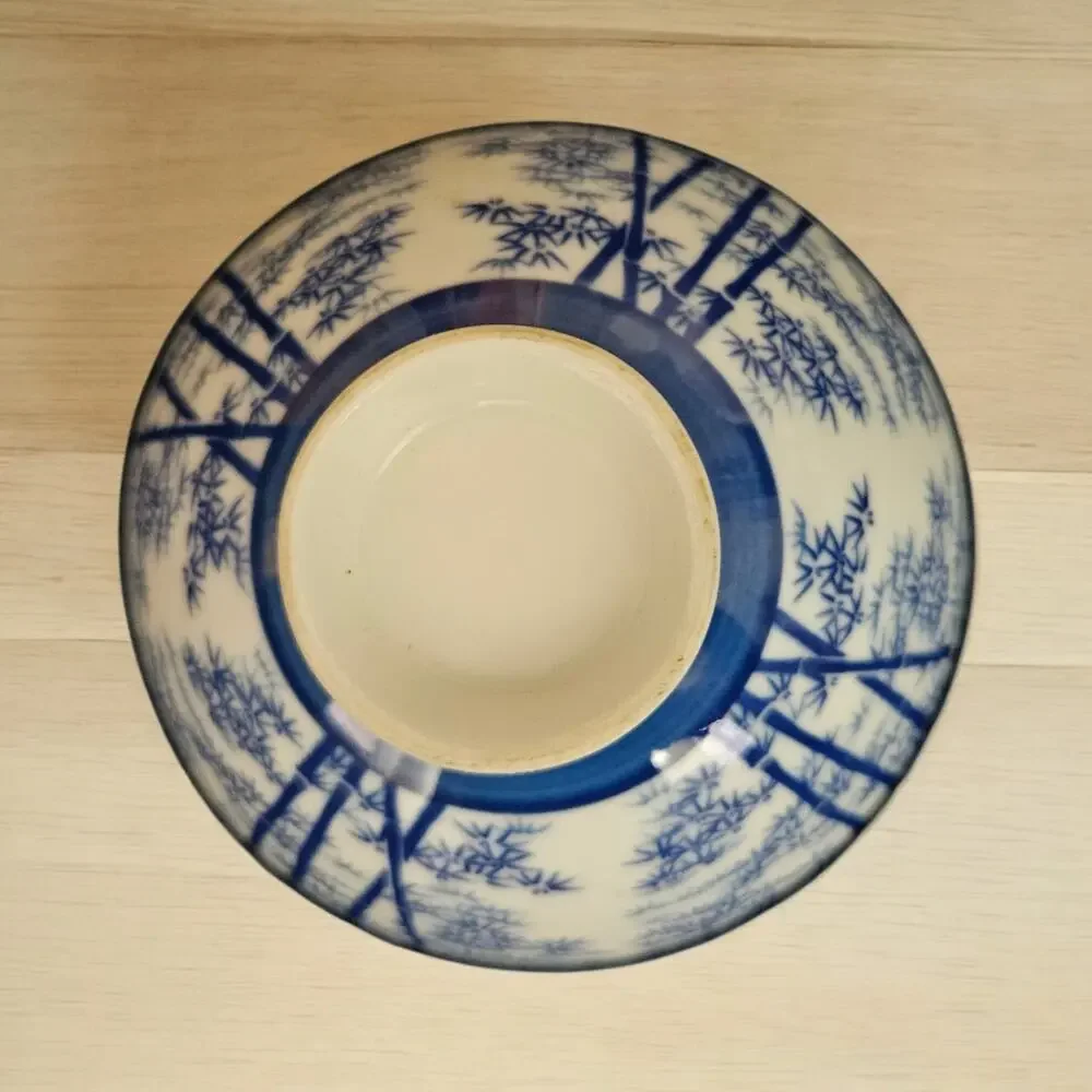 Set of 2 Blue & White Bamboo Porcelain Rice Soup Bowls Asian Style 4.75